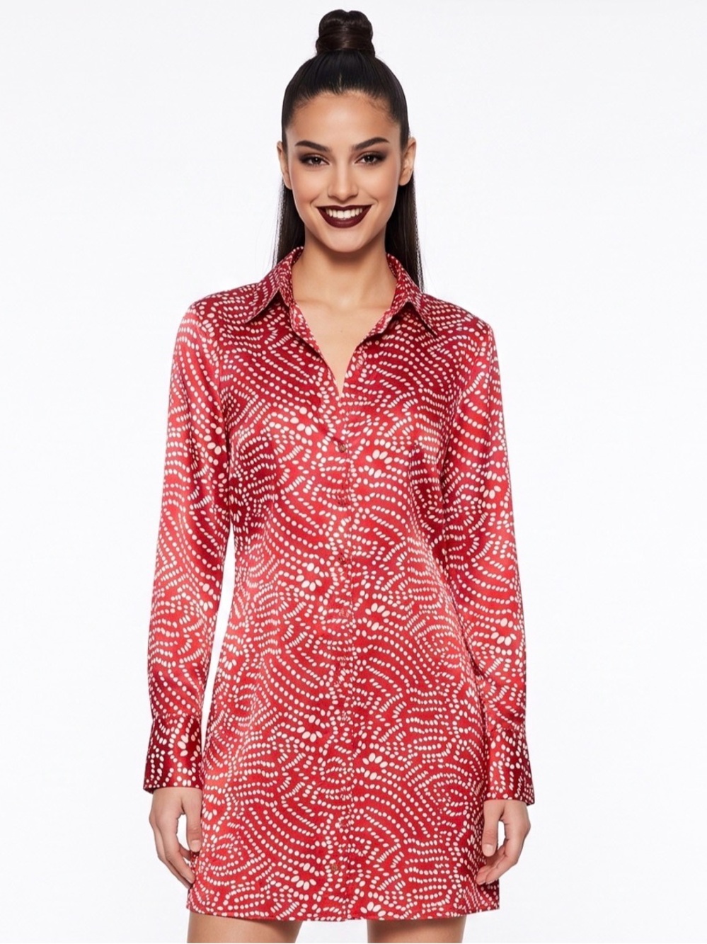 VERTIGO PARIS Red White Satin Mini Shirt Dress Collar Button down Long sleeve MD